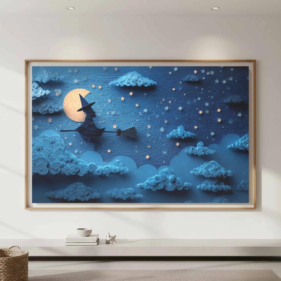 Witch Broom Night Sky Canvas Art Cute Paper Craft Style Print