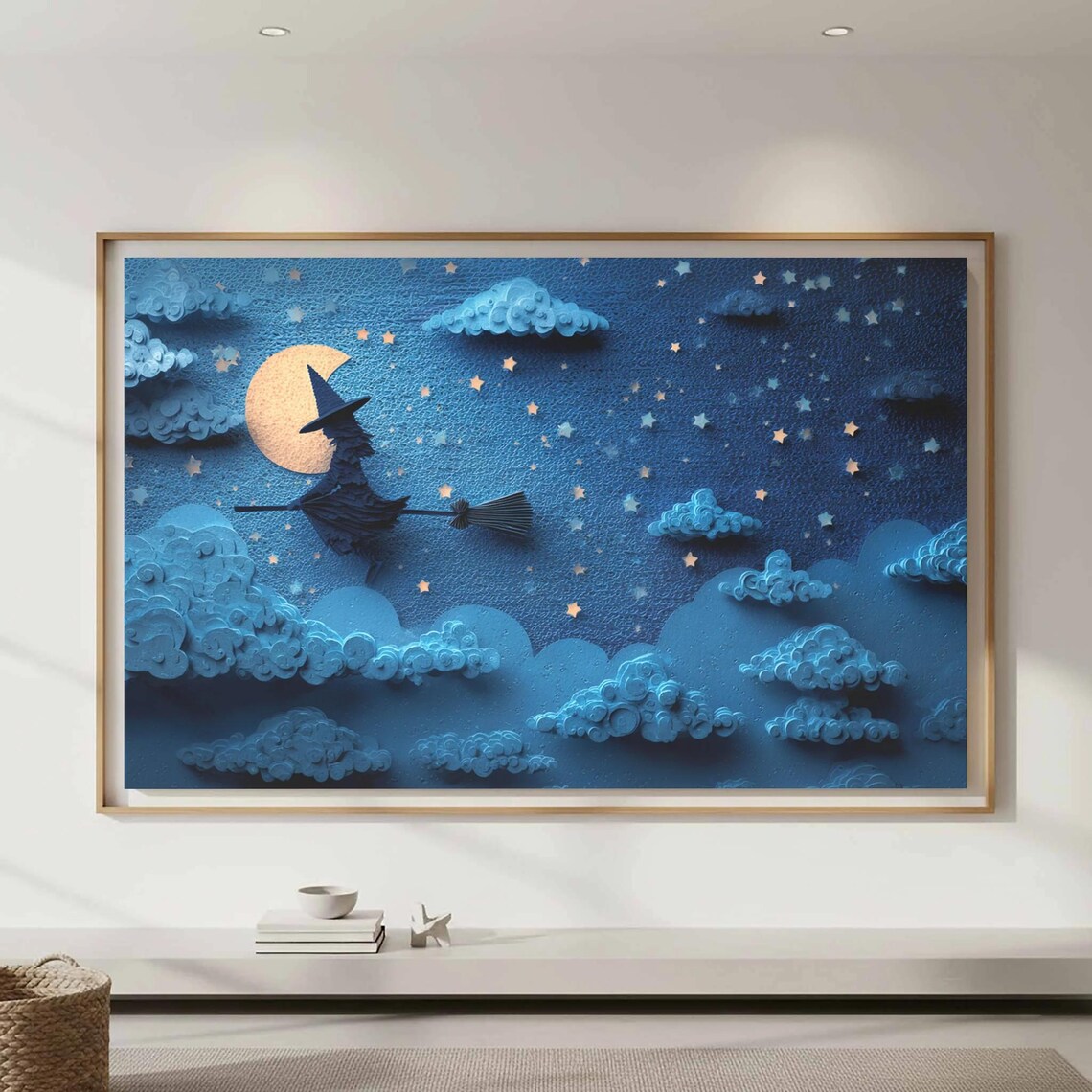 Witch Flying on Broomstick Moon Stars Blue Night Sky Art Poster