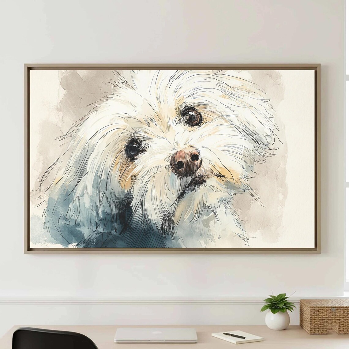 Maltese Dog Watercolor Sketch Portrait Fluffy White Puppy Wall Art