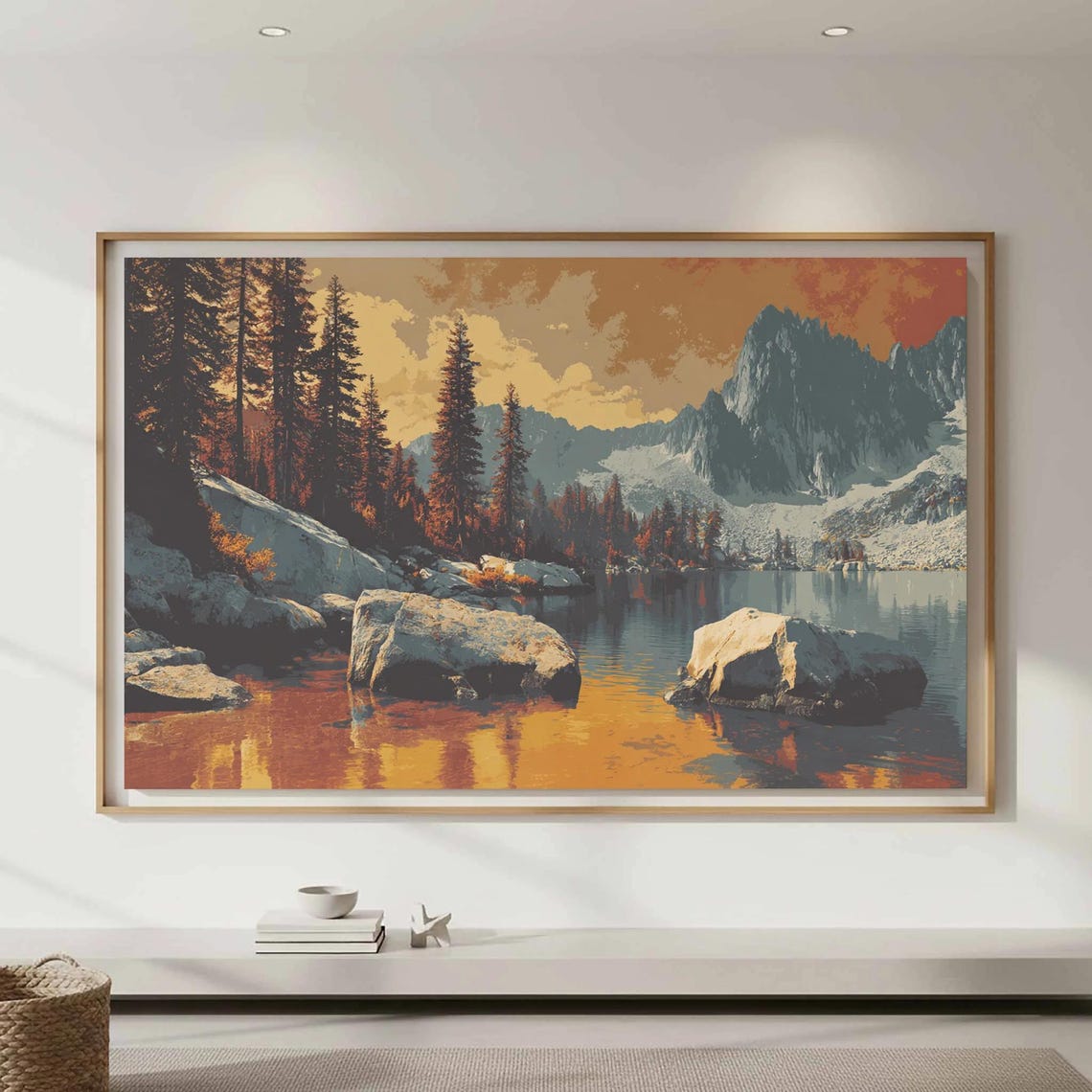 Vintage Mountain Lake Wall Art Rustic Landscape Canvas Print