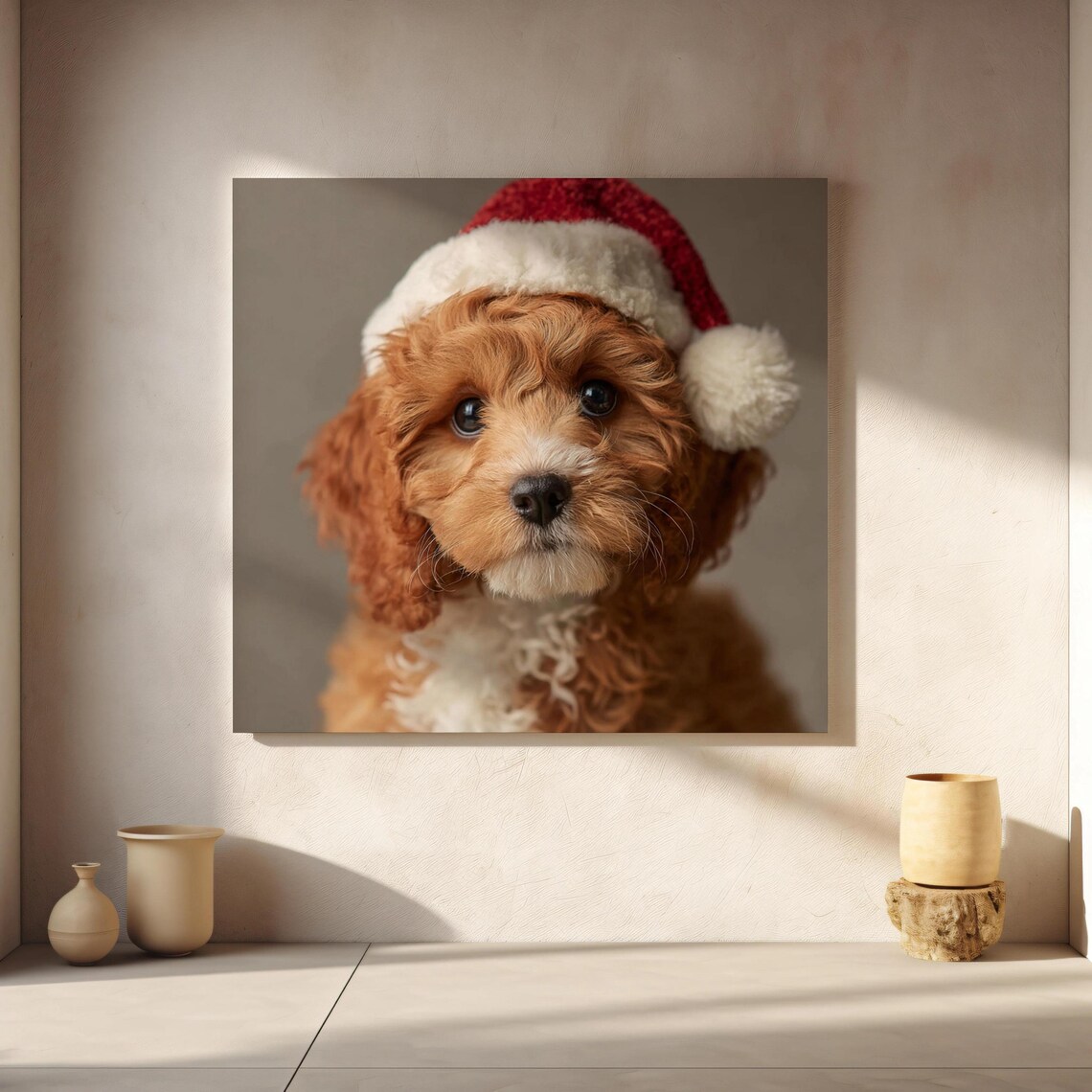 Cute Doodle Puppy Wearing Santa Hat Christmas Dog Photo Poster
