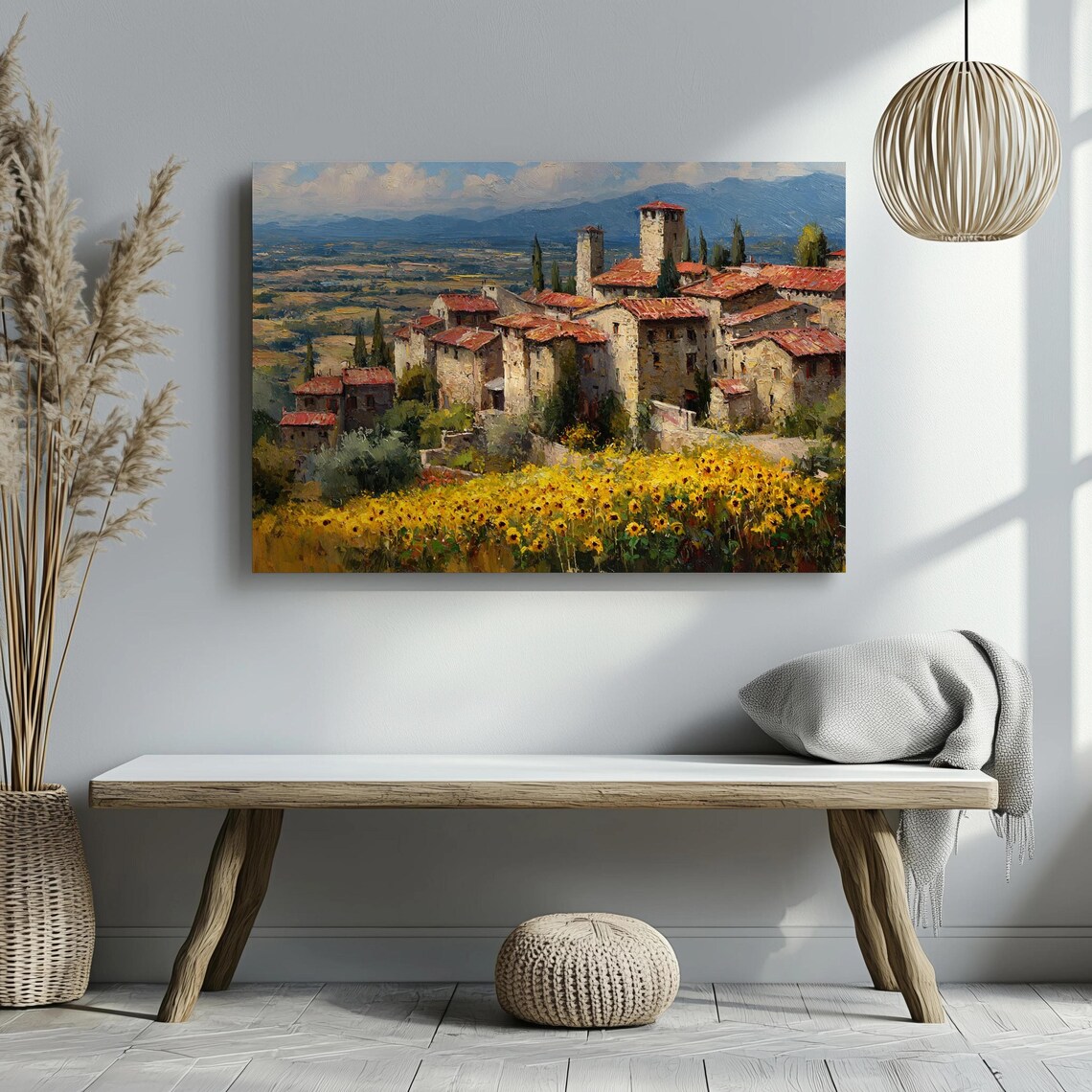 Tuscan Village Sunny Sunflower Field Italian Countryside Wall Art