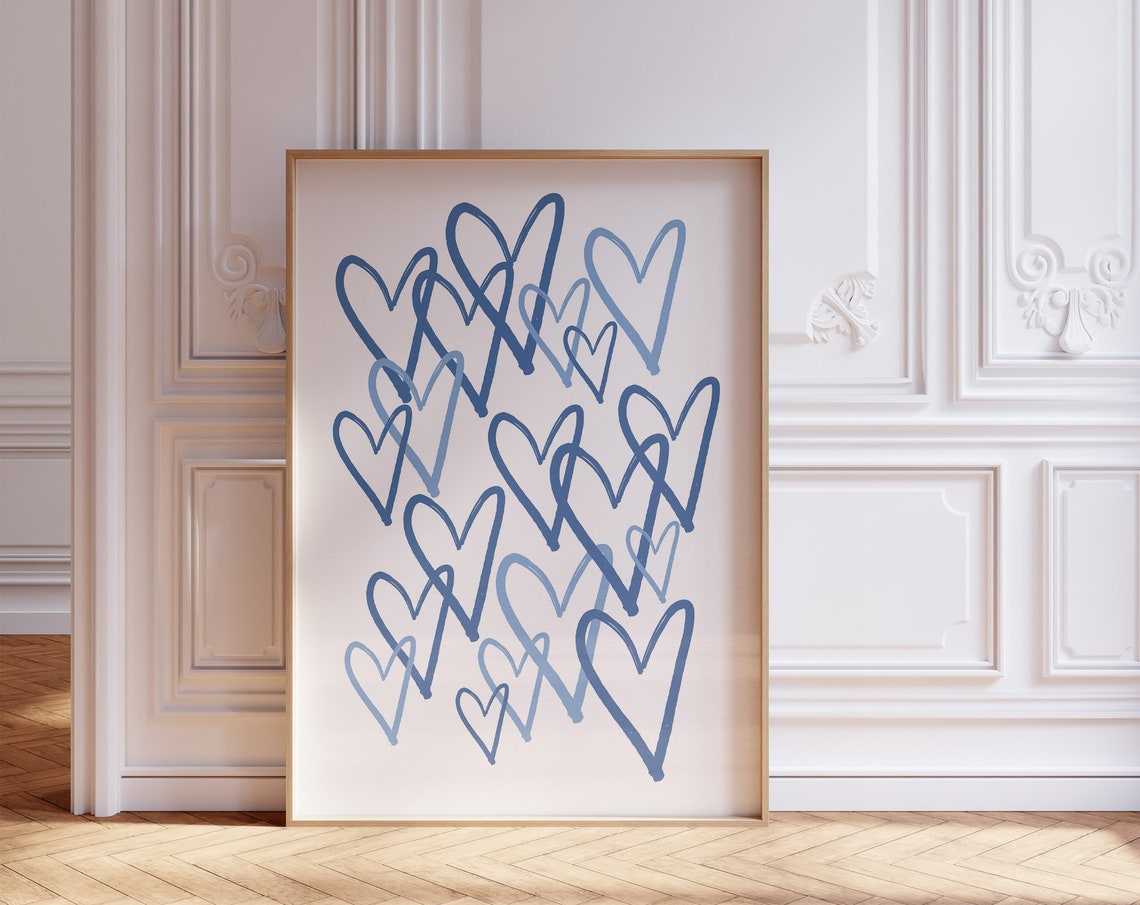 Navy Blue Hand Drawn Hearts Doodle Cute Girly Dorm Room Wall Art