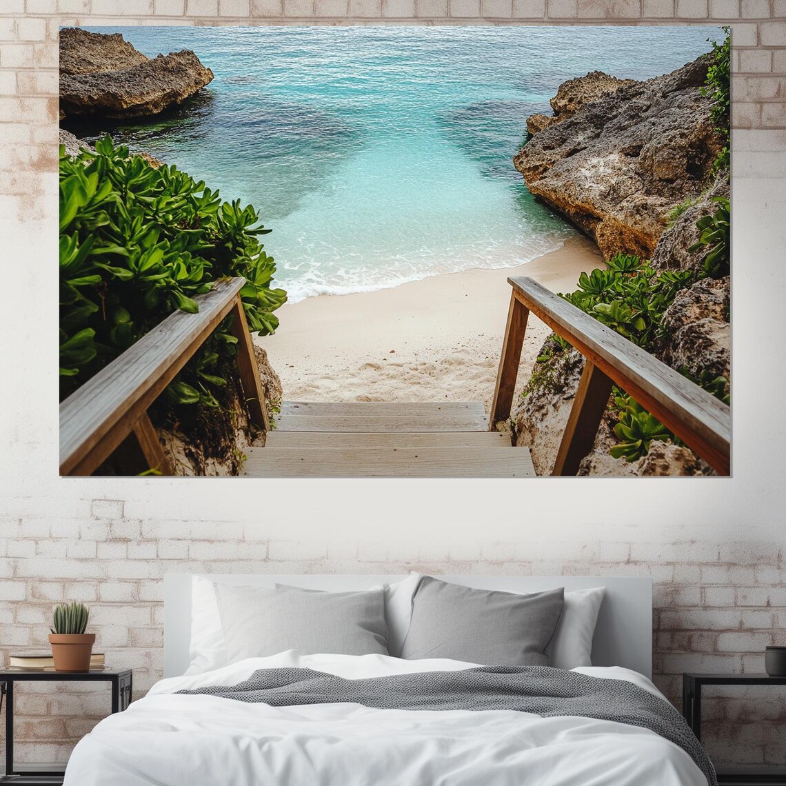 Hidden Tropical Beach Cove Stairway Rocky Shore Turquoise Sea Poster