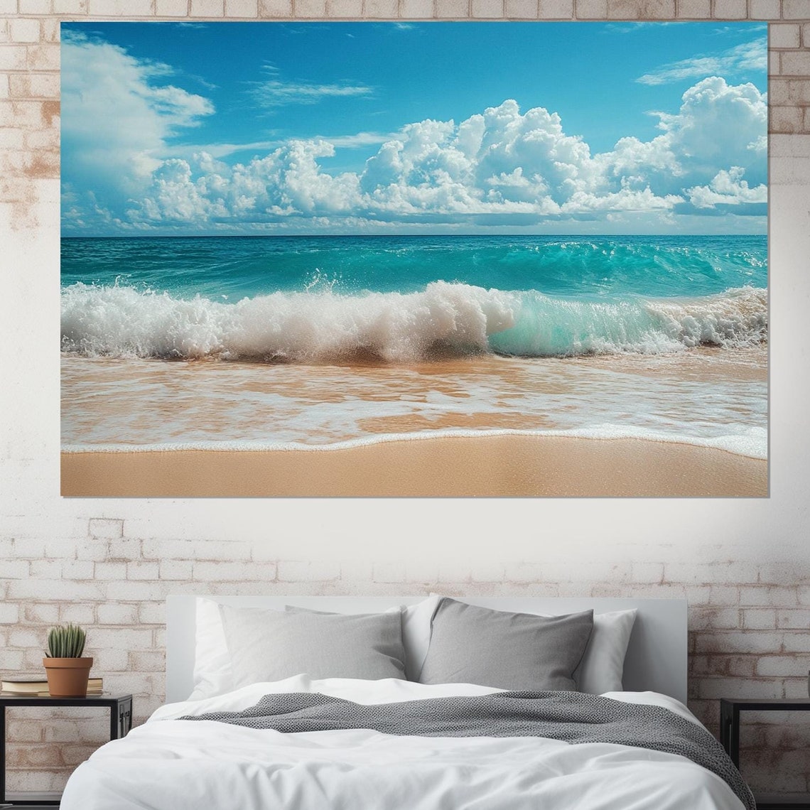 Turquoise Ocean Wave Crashing On Sandy Beach Cloudy Sky Wall Poster