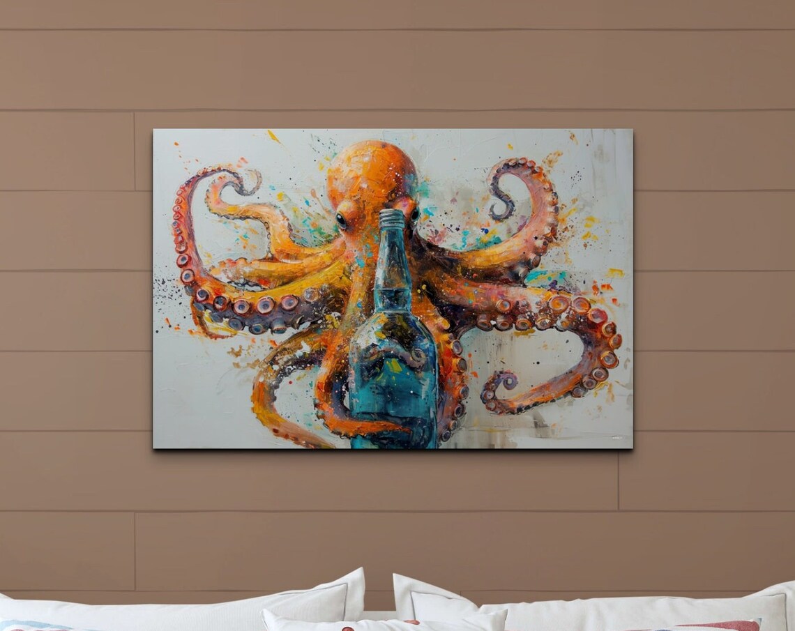 Octopus Painting Wall Art On Nautical Seascape Artwork Gallery Wrap Stretched On Ready To Hang