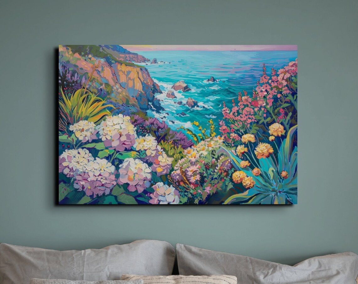 Cliffside Flowers Over Turquoise Ocean Vibrant Coastal Poster