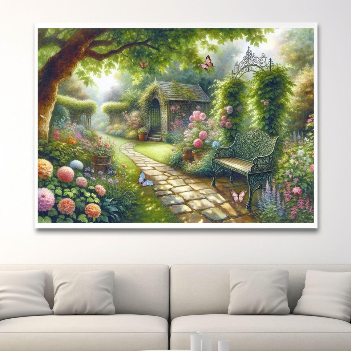 Vintage Garden Stone Path Bench Rose Blooms Cottage Art Poster