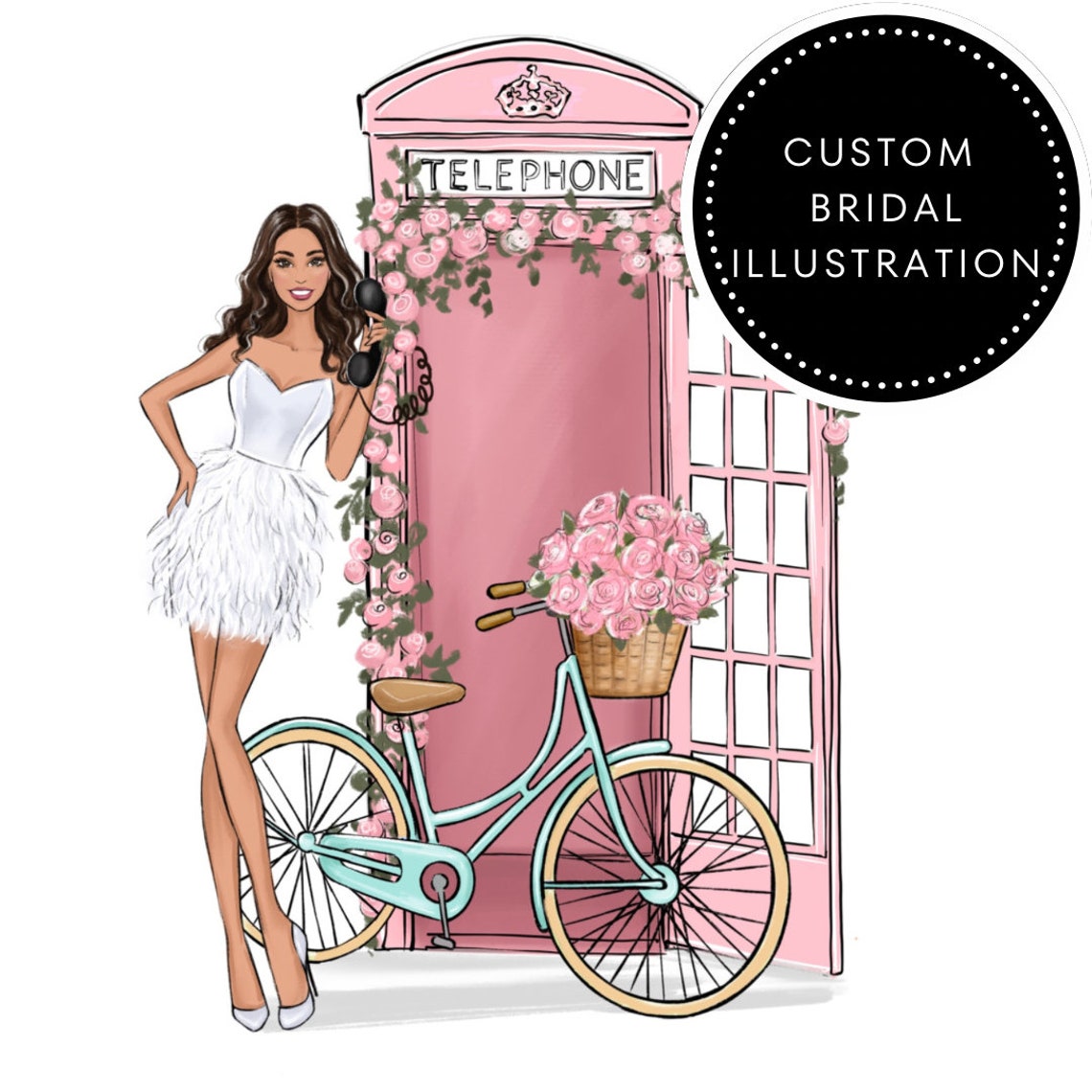Custom Bridal Illustration Bride Pink Telephone Booth Bicycle Poster