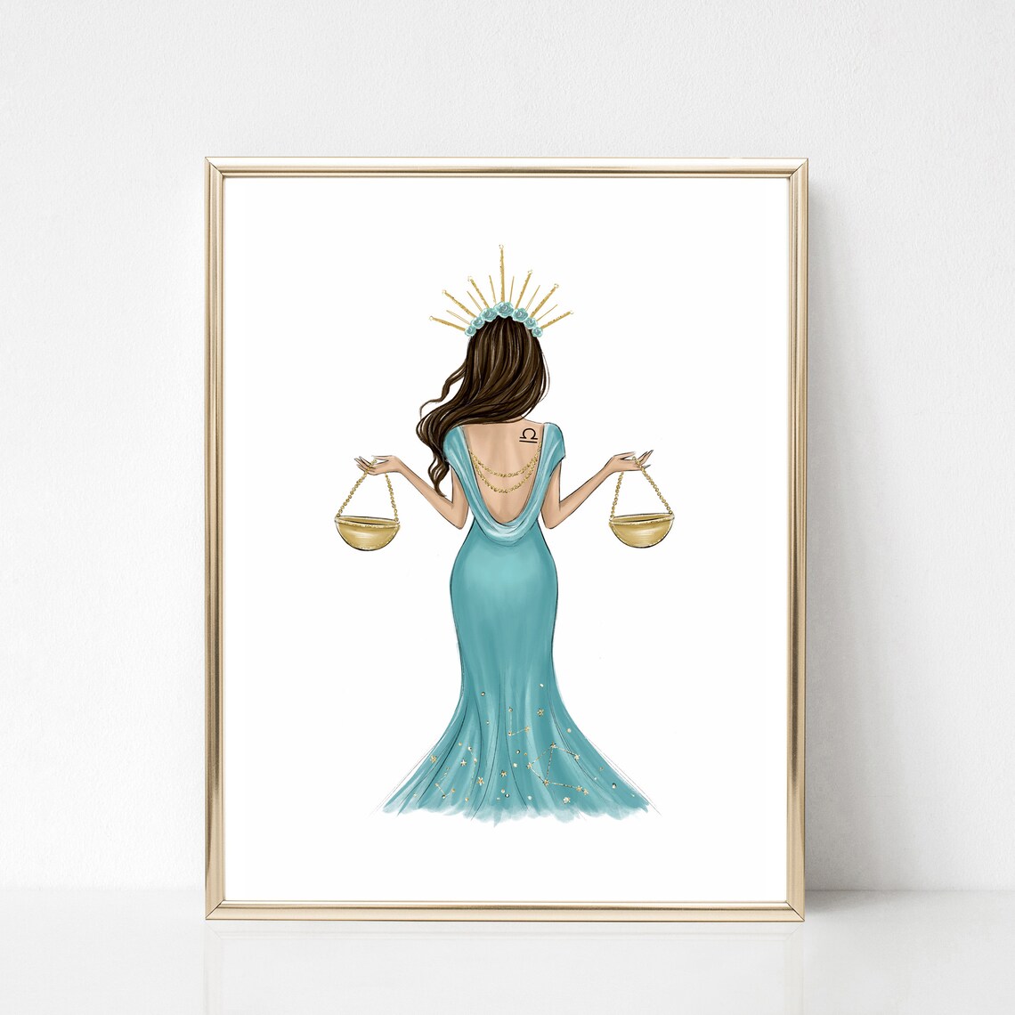 Libra Zodiac Woman Teal Scales Gown Fashion Illustration Poster - Image 2