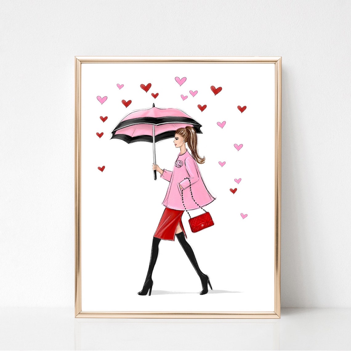 Heart Rain Fashion Girl Art Print Galentines Print Love Art Print Feminine Art Print Girly Wall Decor Valentines Day Gift For Her