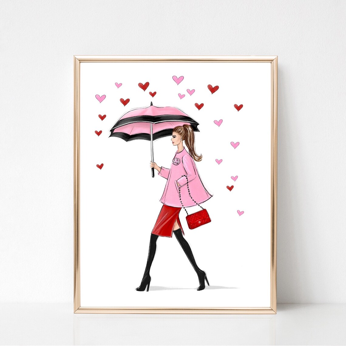 Pink Umbrella Girl with Hearts Valentine Fashion Illustration Poster