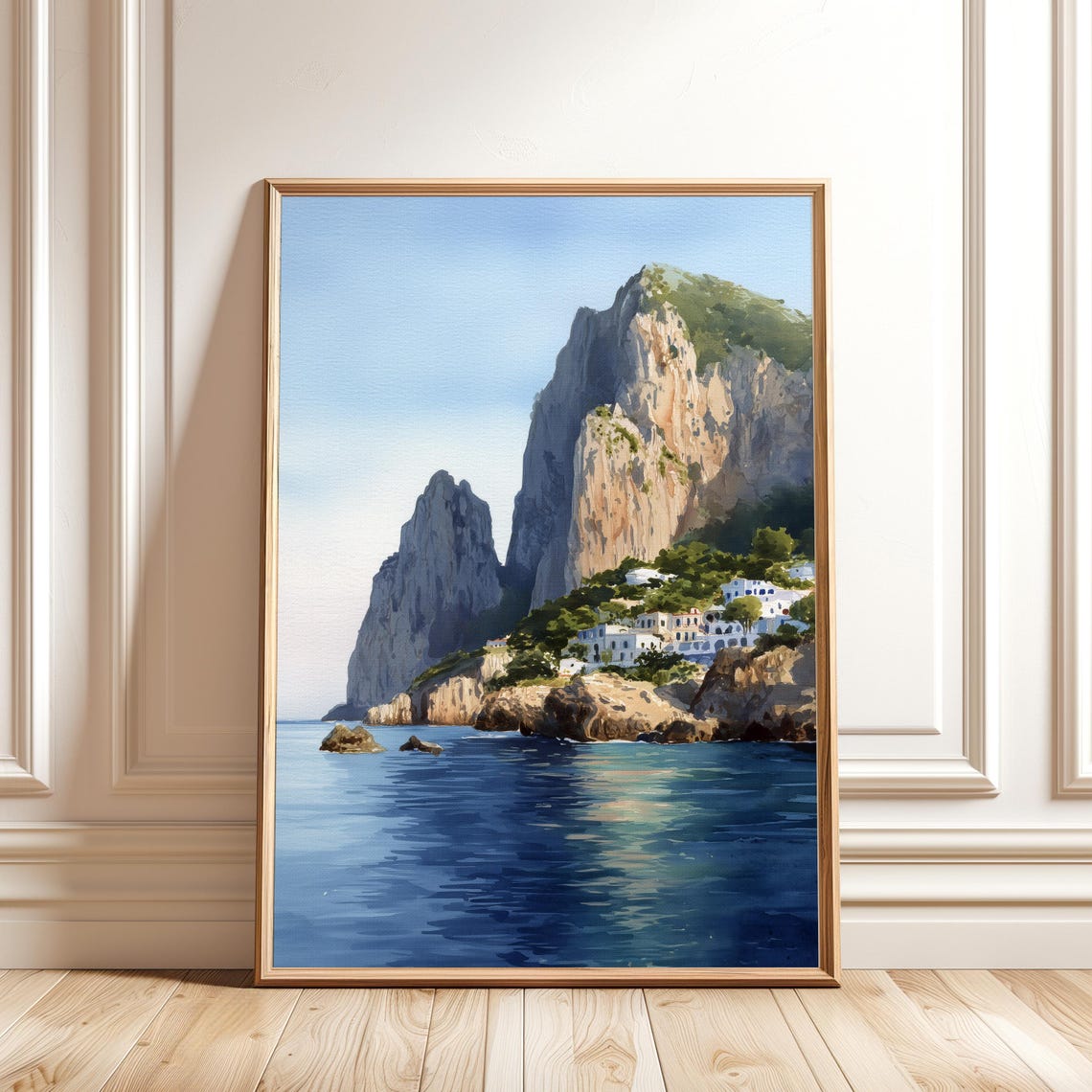Mediterranean Coastal Cliffs White Village Blue Sea Painting Poster
