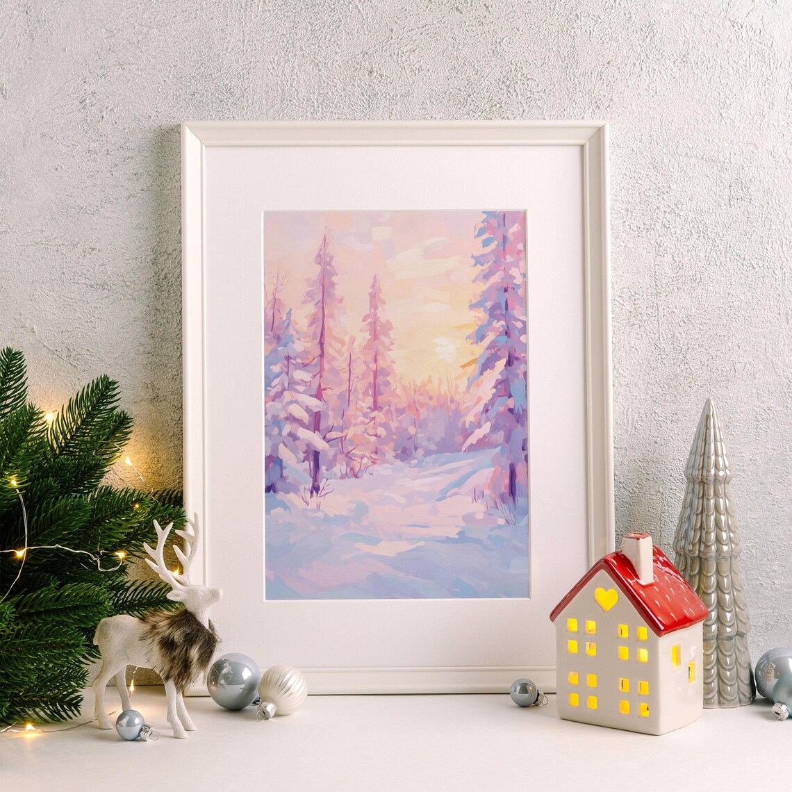 Winter Pastel Forest Painting, Pink Christmas Tree - Image 3