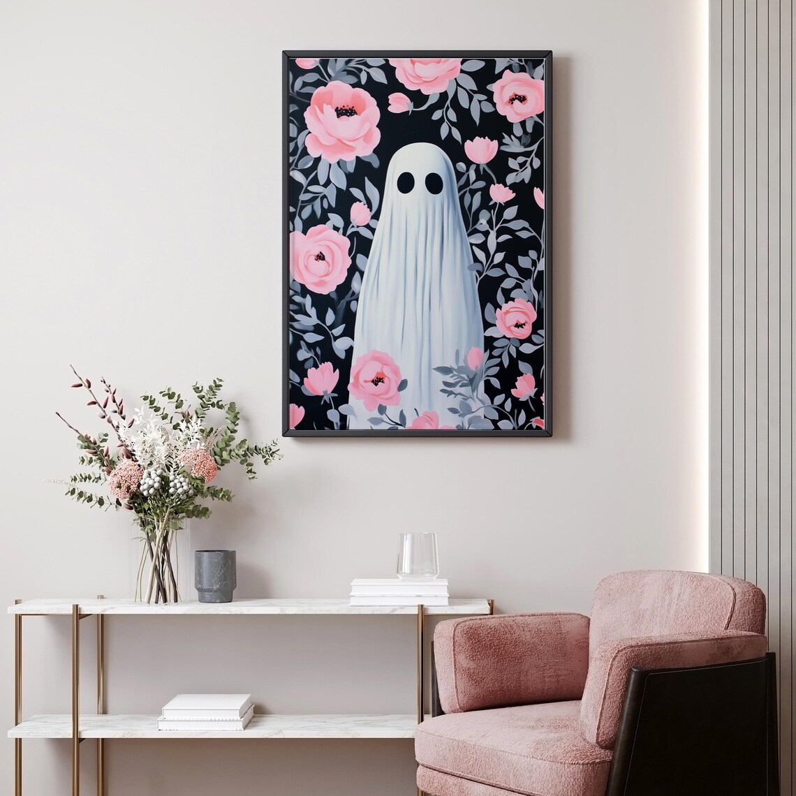Cute Ghost Among Pink Peonies Spooky Floral Halloween Wall Art - Image 4
