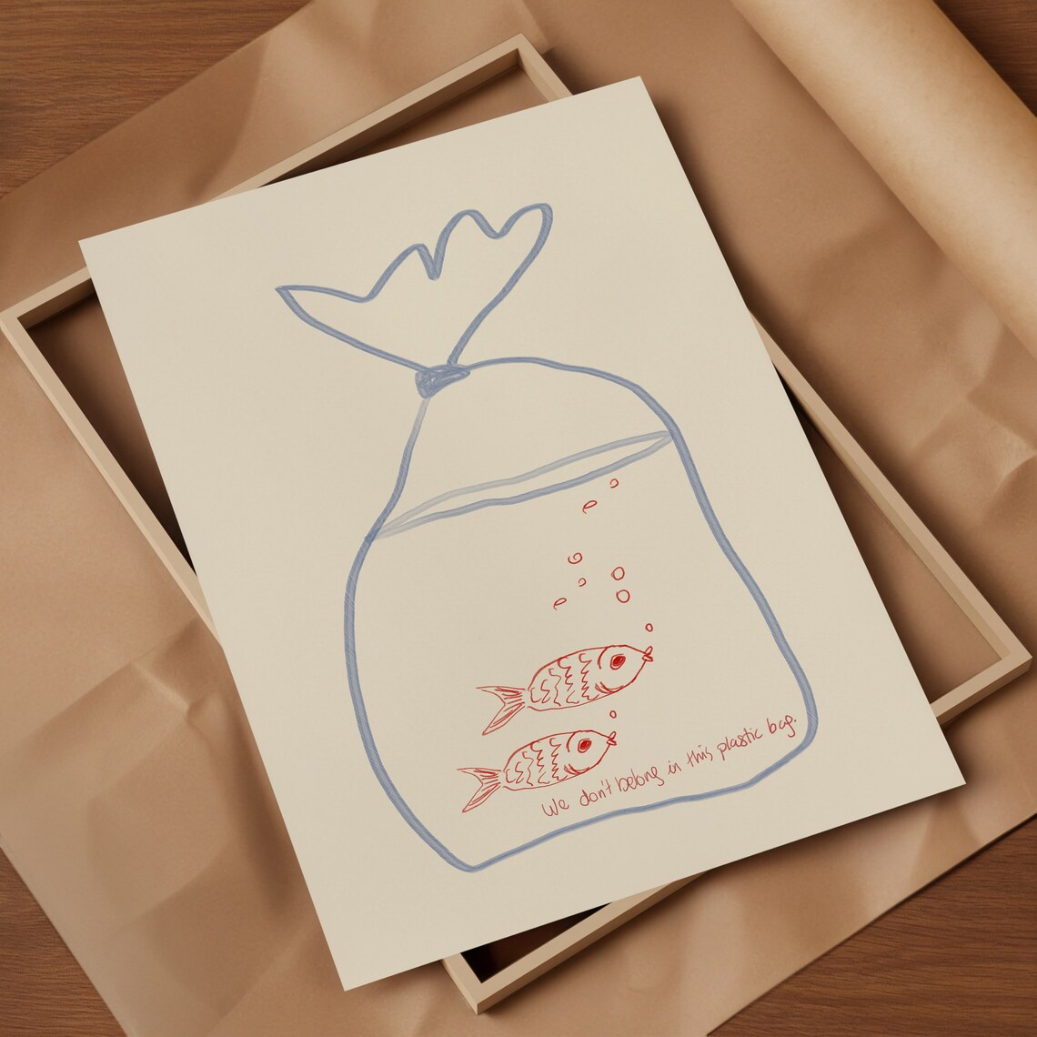 Funny Goldfish In A Plastic Bag Whimsical Hand Drawn Line Art Poster