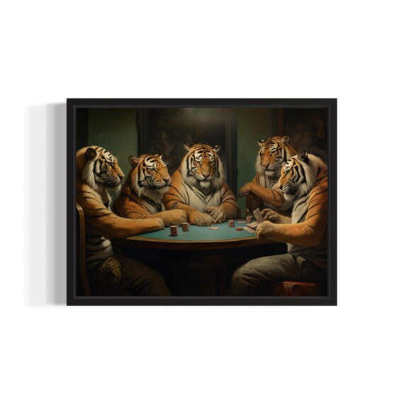 Tigers Playing Poker Card Game Big Cats Vintage Oil Style Poster