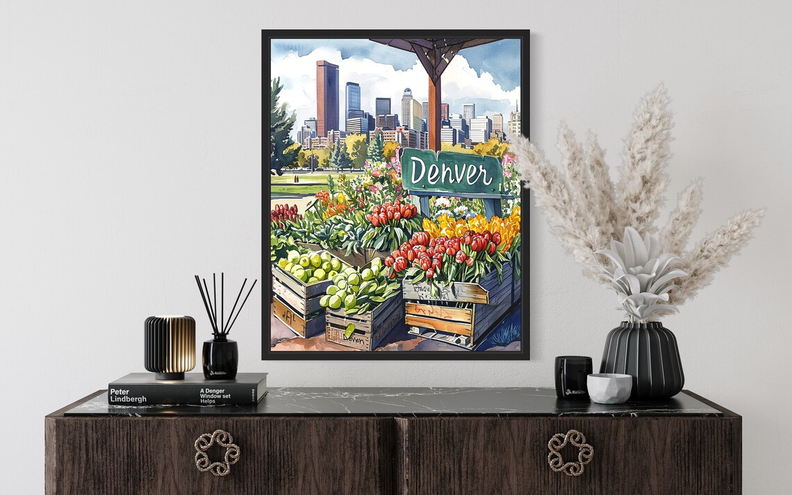 Denver Colorado Skyline Watercolor Flower Market Scene Poster - Image 2