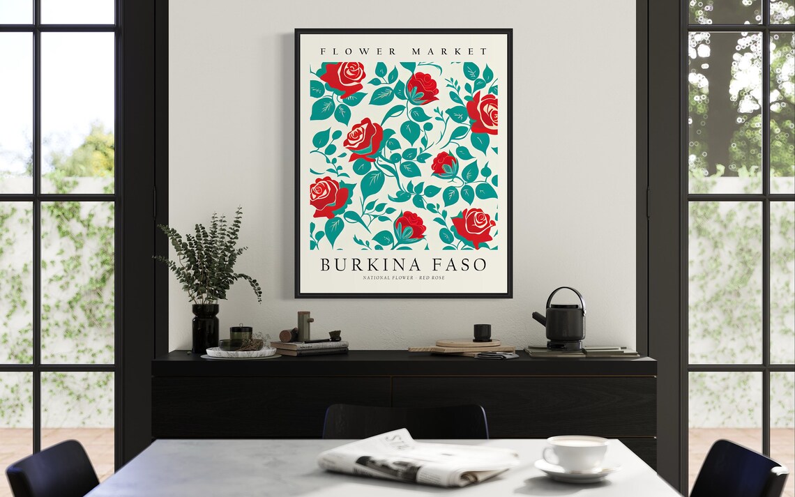 Burkina Faso Flower Market National Red Rose Floral Vintage Poster - Image 3
