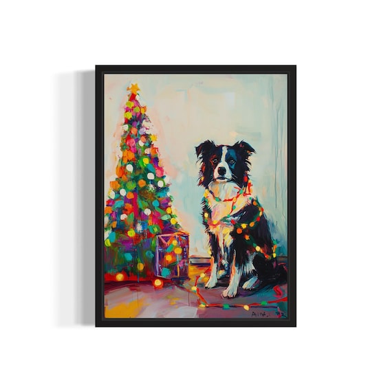 Rough Collie Dog Wrapped in Bright Christmas Lights Holiday Poster