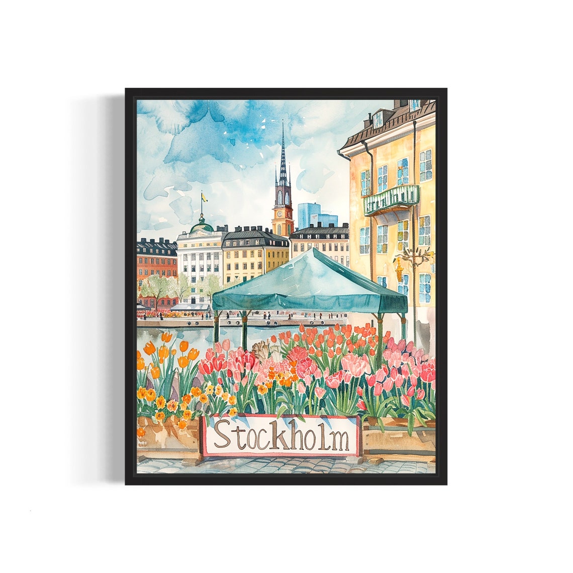 Stockholm Sweden Waterfront Watercolor Tulip Market Scene Poster