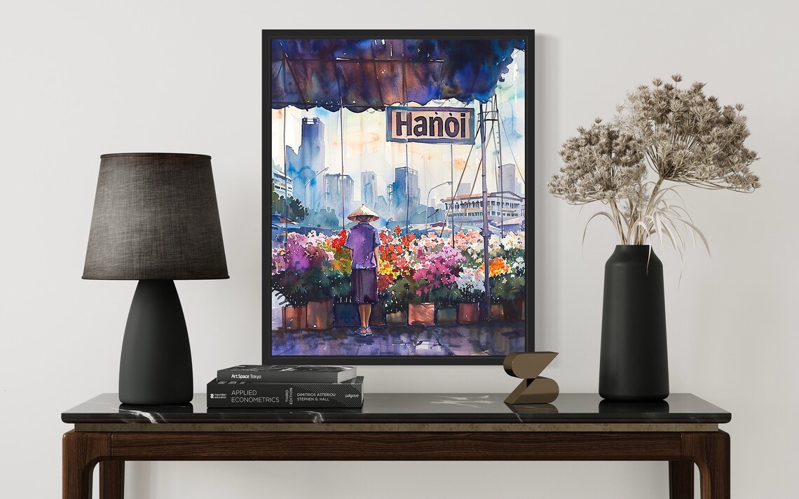 Hanoi Flower Vendor Rainy Street Watercolor City Scene Poster - Image 2