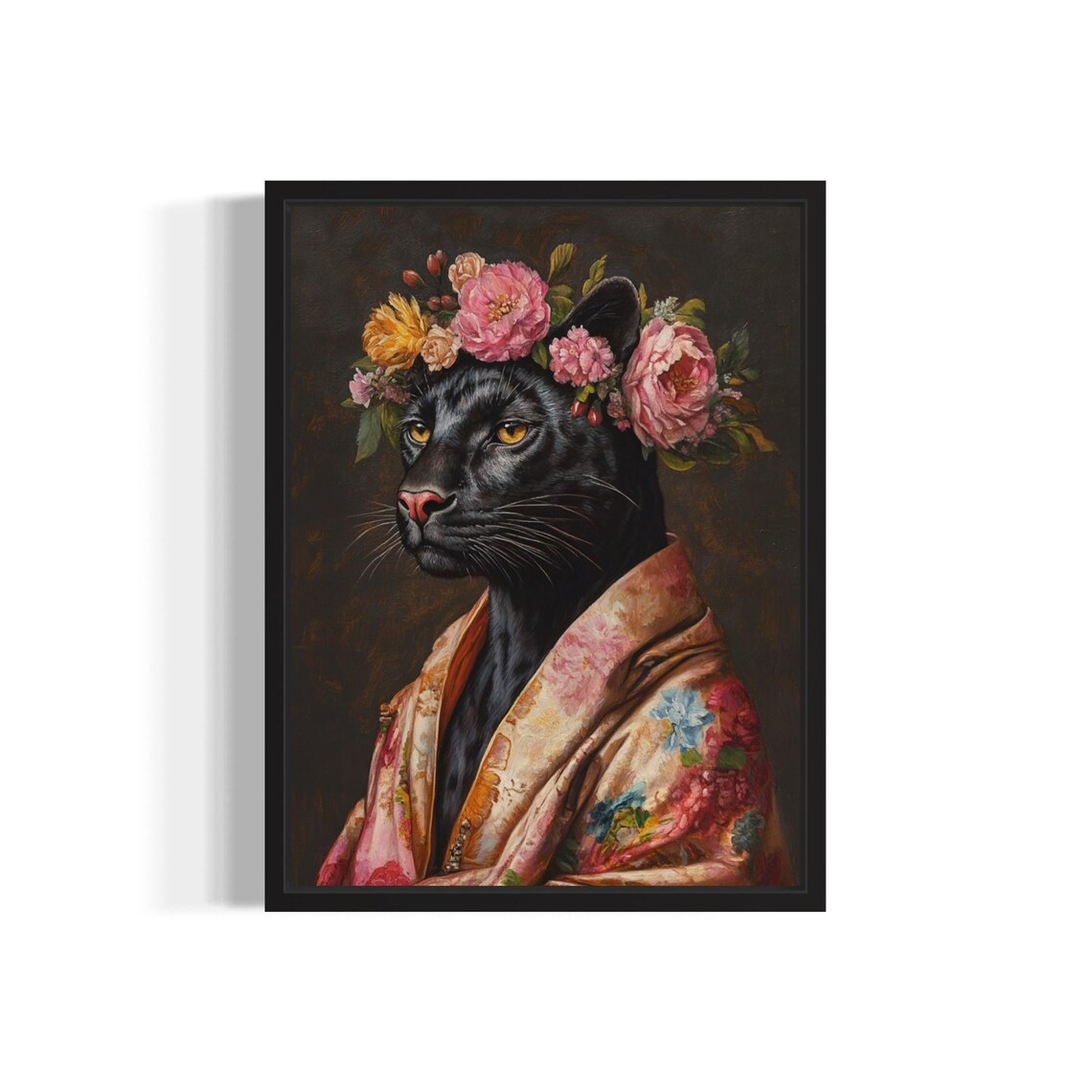 Black Panther With Pink Peony Flower Crown In Blush Kimono Art Print