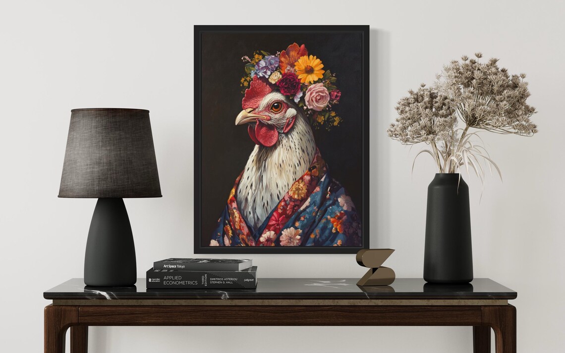Chicken Flower Crown Kimono Portrait Japanese Style Bird Art Poster - Image 2