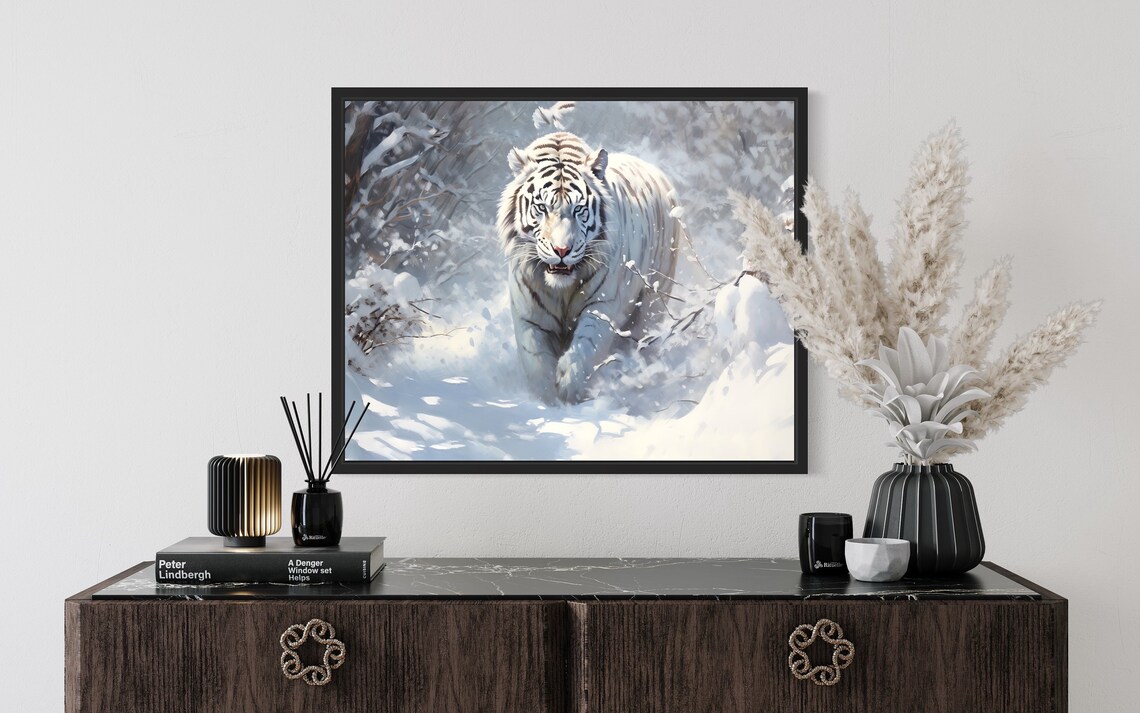White Tiger Snowy Forest Wildlife Winter Landscape Art Print - Image 2