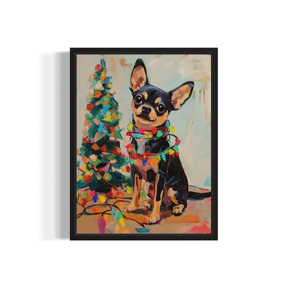 Black Chihuahua Wrapped in Colorful Christmas Lights Holiday Poster