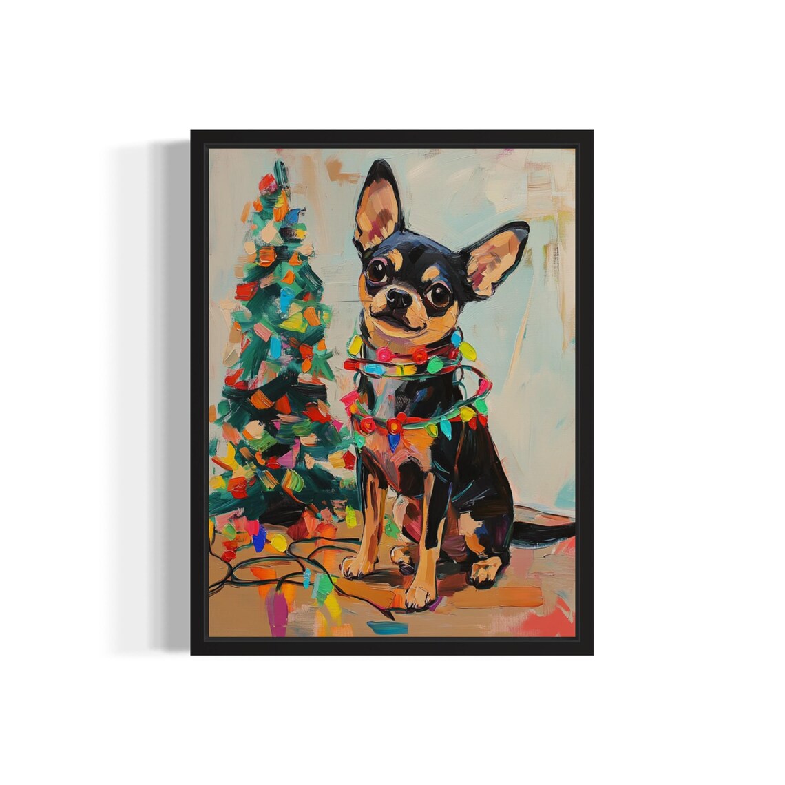 Black Chihuahua Wrapped in Colorful Christmas Lights Holiday Poster
