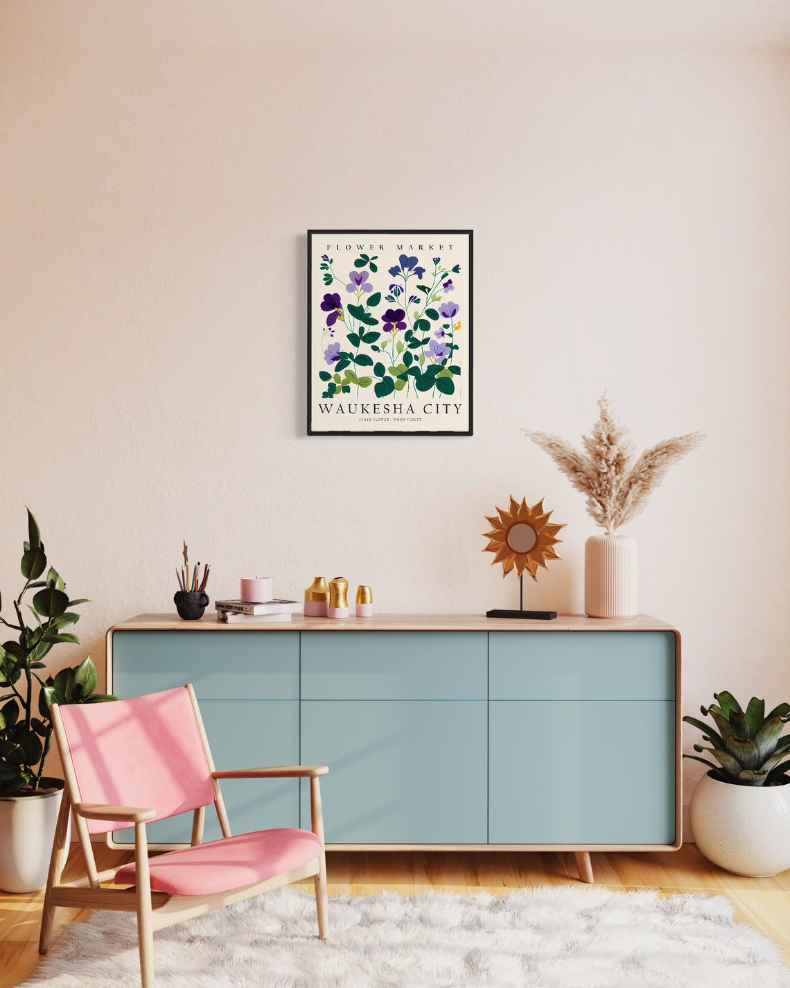 Waukesha City Wisconsin Flower Market Art Print Waukesha City Poster Wood Violet Wall Art Botanical Pastel Artwork - Image 2