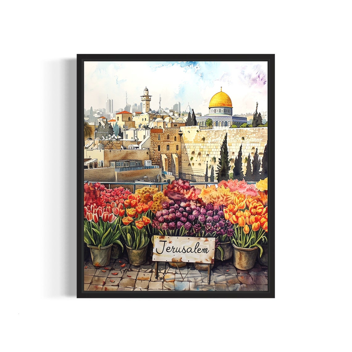 Jerusalem Flower Market Watercolor Poster Dome of the Rock View