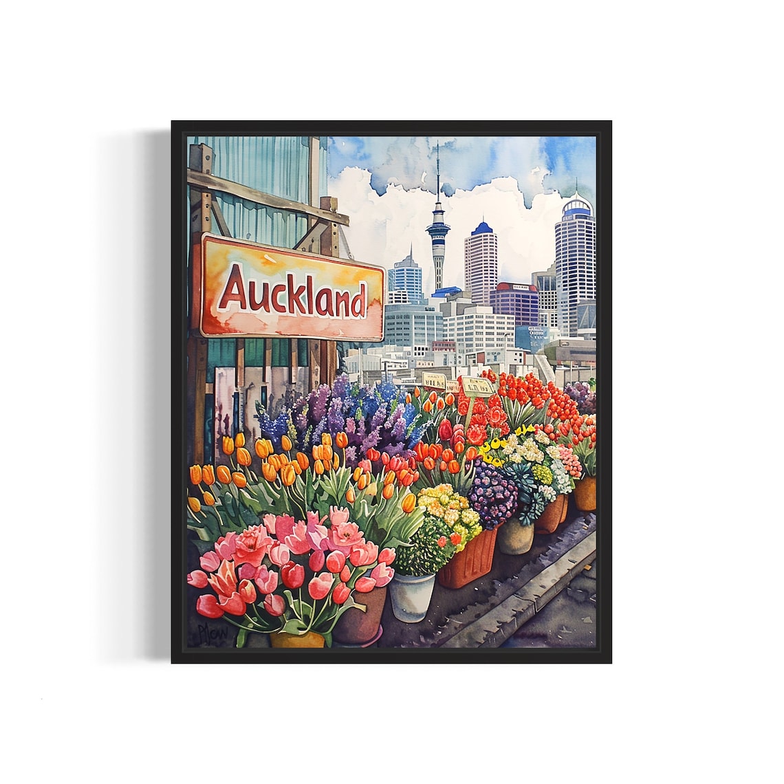 Auckland Flower Market Watercolor Poster Sky Tower Skyline Tulips
