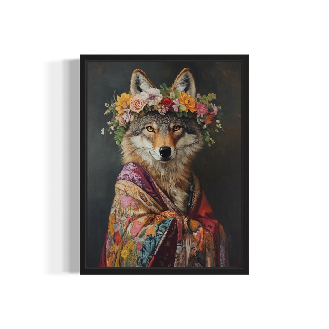 Coyote Flower Crown Kimono Portrait Japanese Style Wild Dog Poster