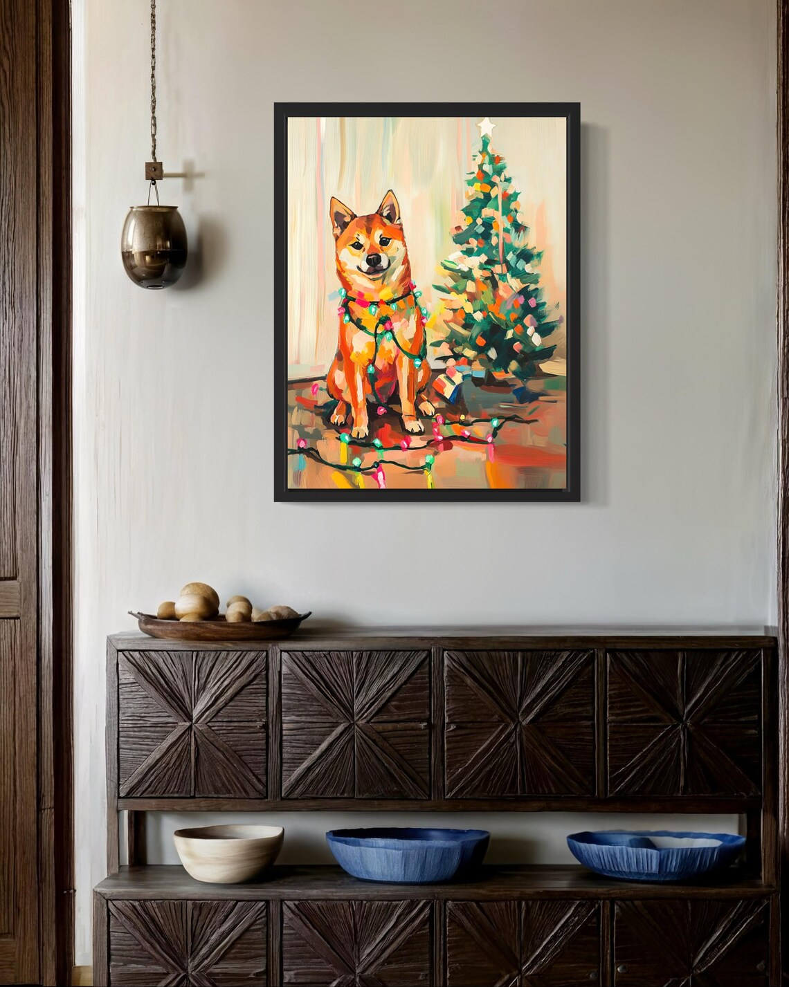 Shiba Inu Dog Wrapped in Colorful Christmas Lights Holiday Poster - Image 2