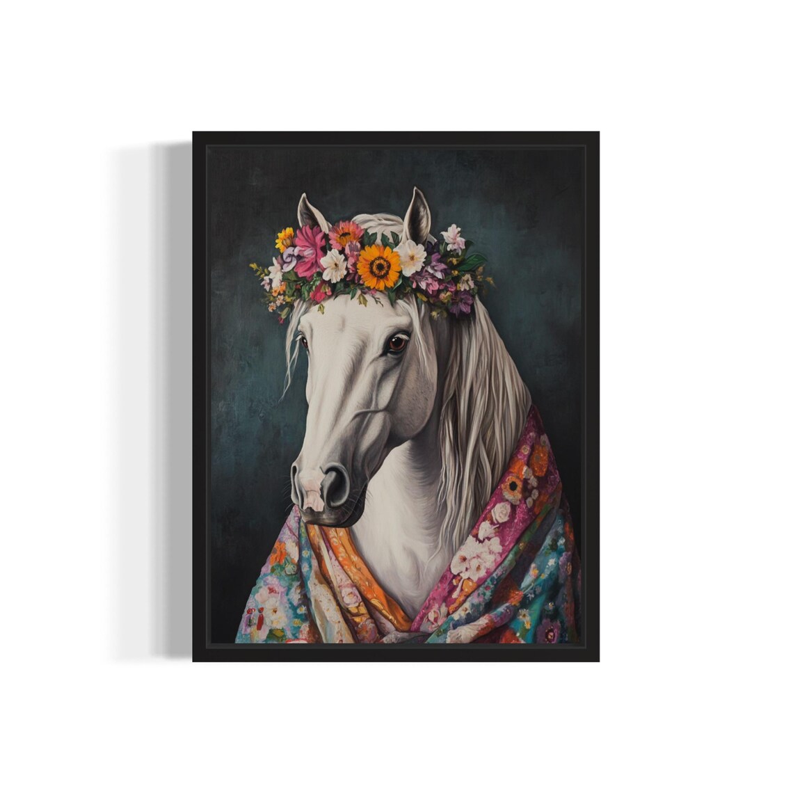 White Horse In Colorful Floral Kimono With Sunflower Crown Art Print