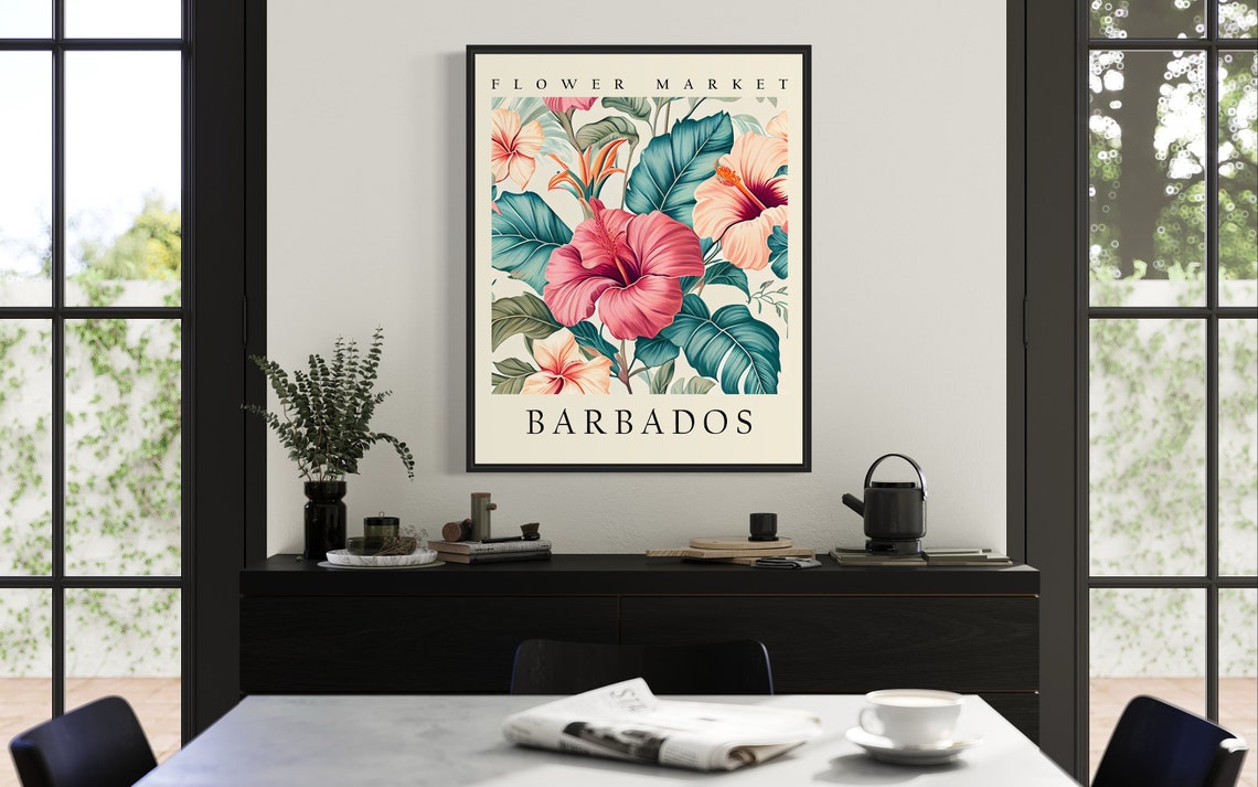 Barbados Flower Market Poster Tropical Hibiscus Bloom Botanical Decor - Image 3