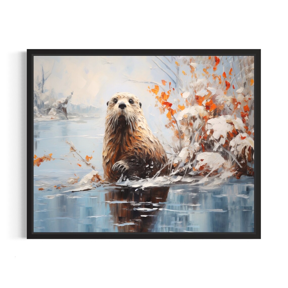 Sea Otter In Icy Winter Water Snowy Wildlife Oil Painting Poster