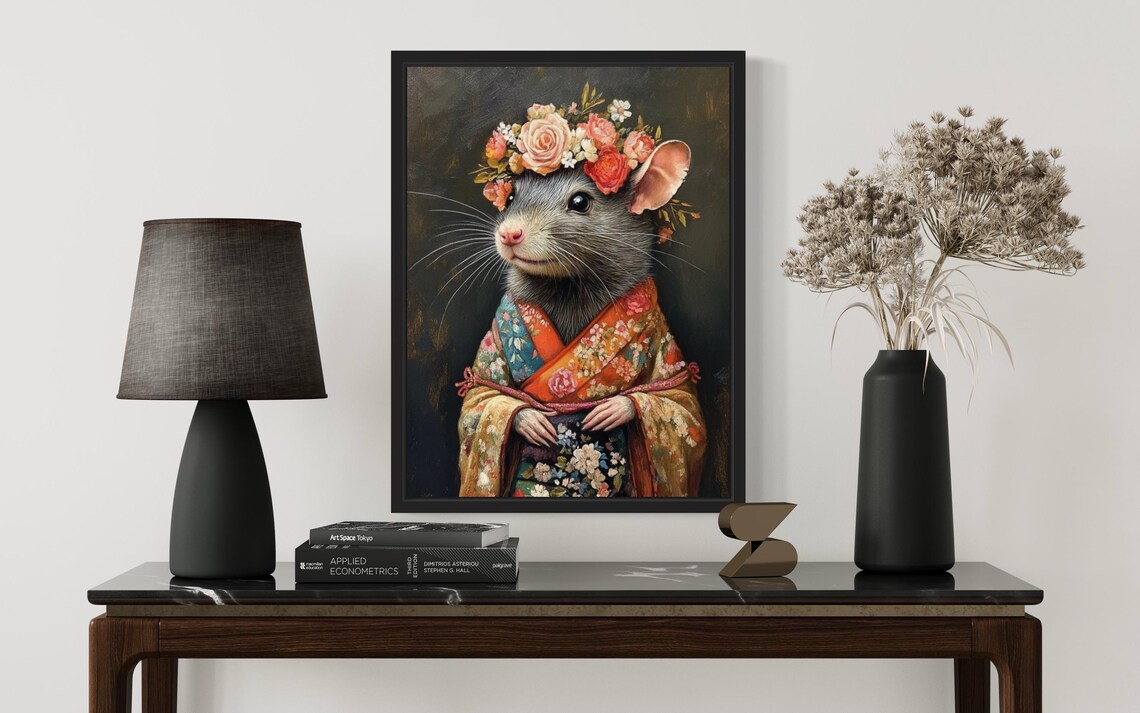 Rat Portrait With Rose Flower Crown In Orange Floral Kimono Art Print - Image 2