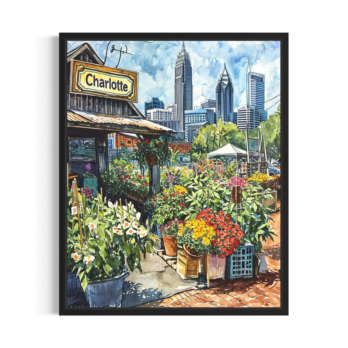 Charlotte North Carolina Skyline Watercolor Flower Scene Poster