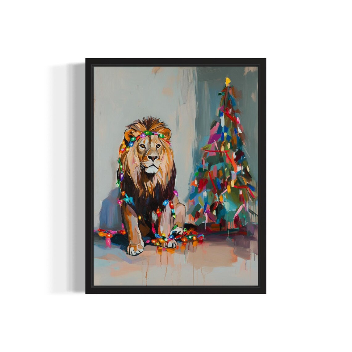 Lion Tangled In Christmas Lights Art Print, Holiday Season