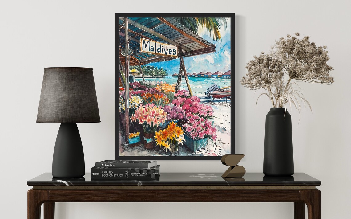 Maldives Flower Market Watercolor Poster Beach Island Paradise - Image 2