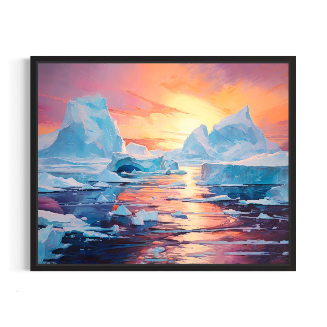 Arctic Icebergs Sunset Reflection Oil Painting Style Art Poster