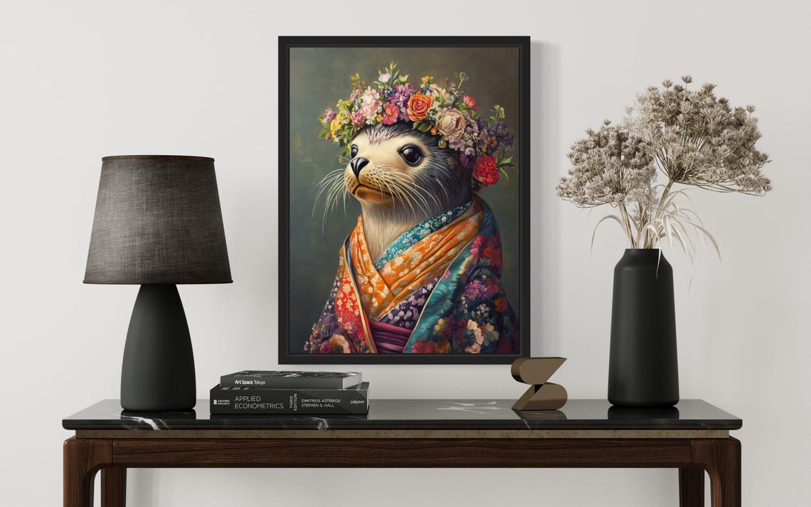 Adorable Seal Wearing Floral Kimono and Flower Crown Portrait Poster - Image 2