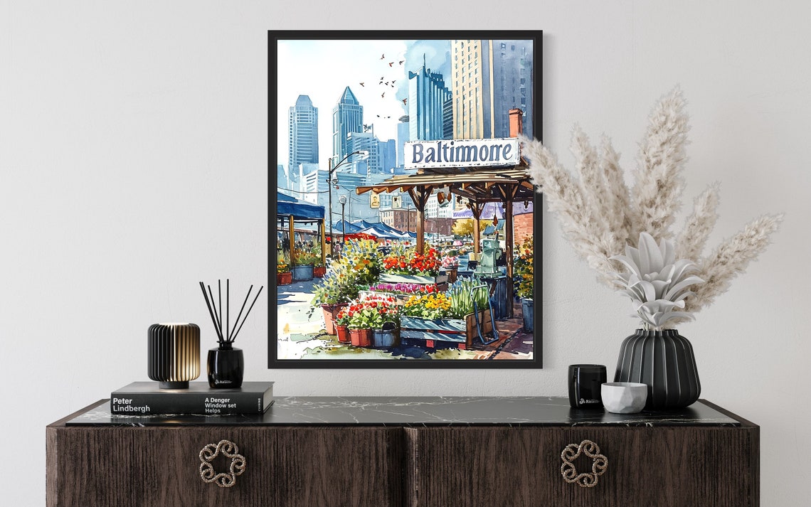 Baltimore Maryland Harbor Market Watercolor Flower Scene Poster - Image 2