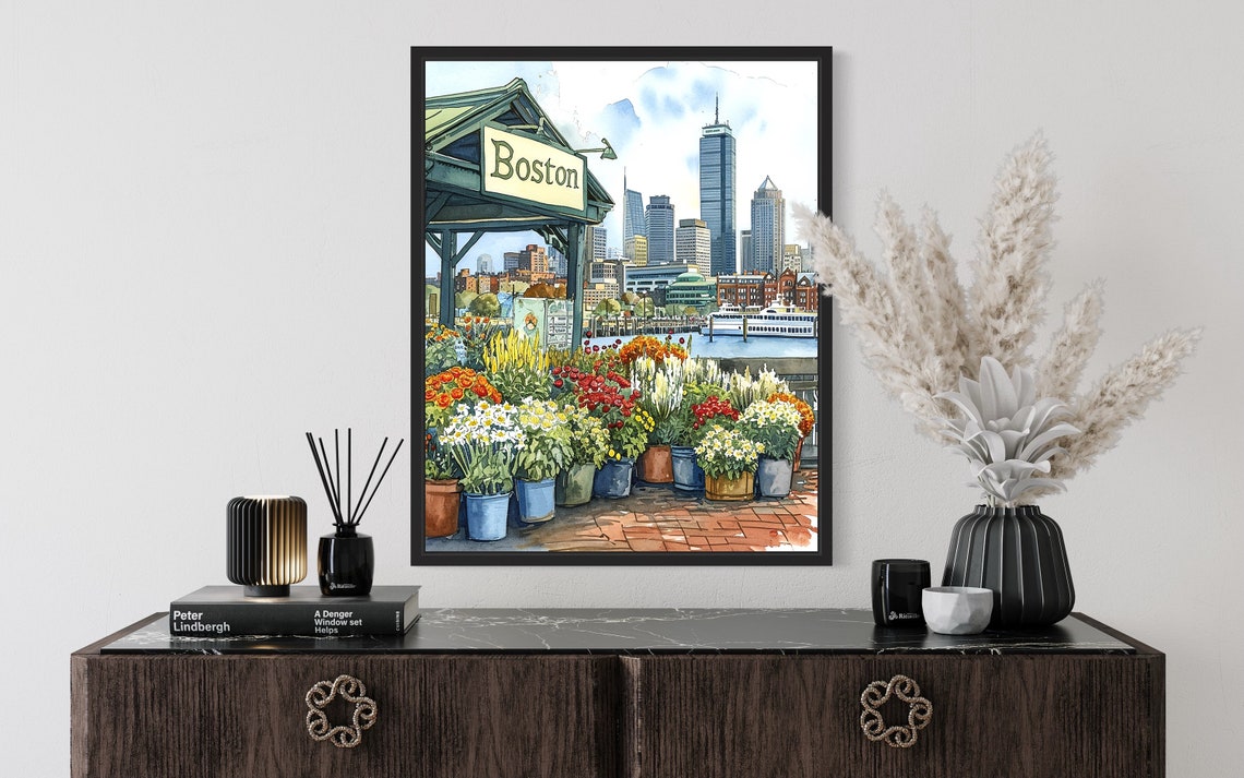 Boston Flower Market Watercolor Poster Harbor Ferry Skyline Scene - Image 2