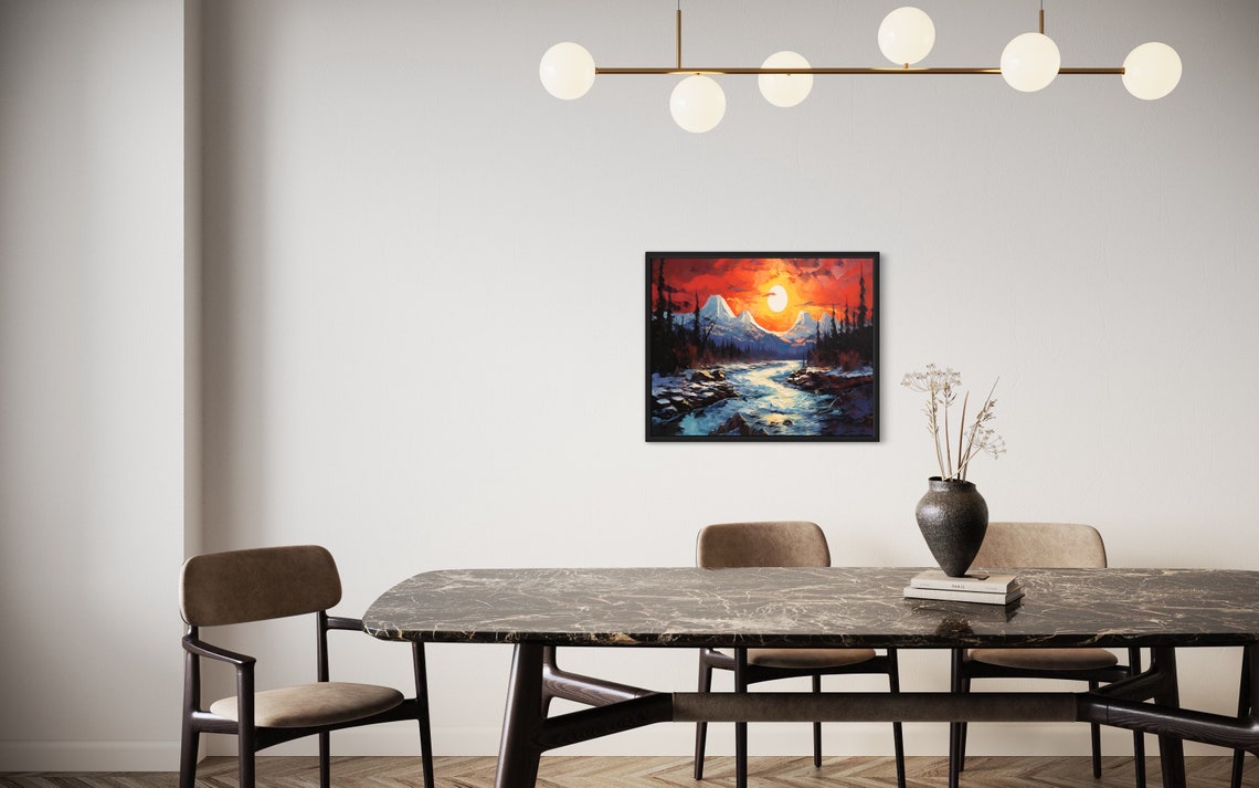 Arctic Midnight Sun Over Snowy Mountains River Painting Poster - Image 2