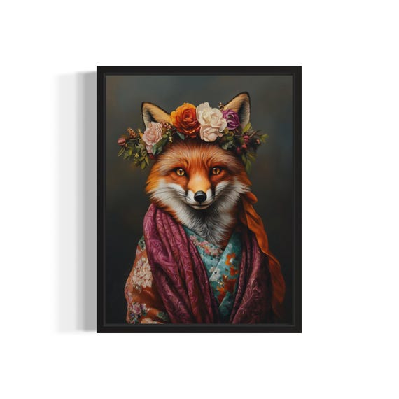 Red Fox Poster Art Print Animal Flowers In Kimono Wall Art Decor Painting Artwork Bedroom Decor