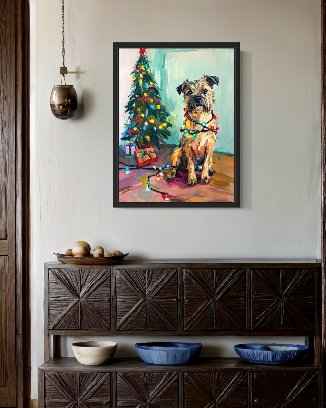 Border Terrier Dog Wrapped in Red Christmas Lights Holiday Poster - Image 2